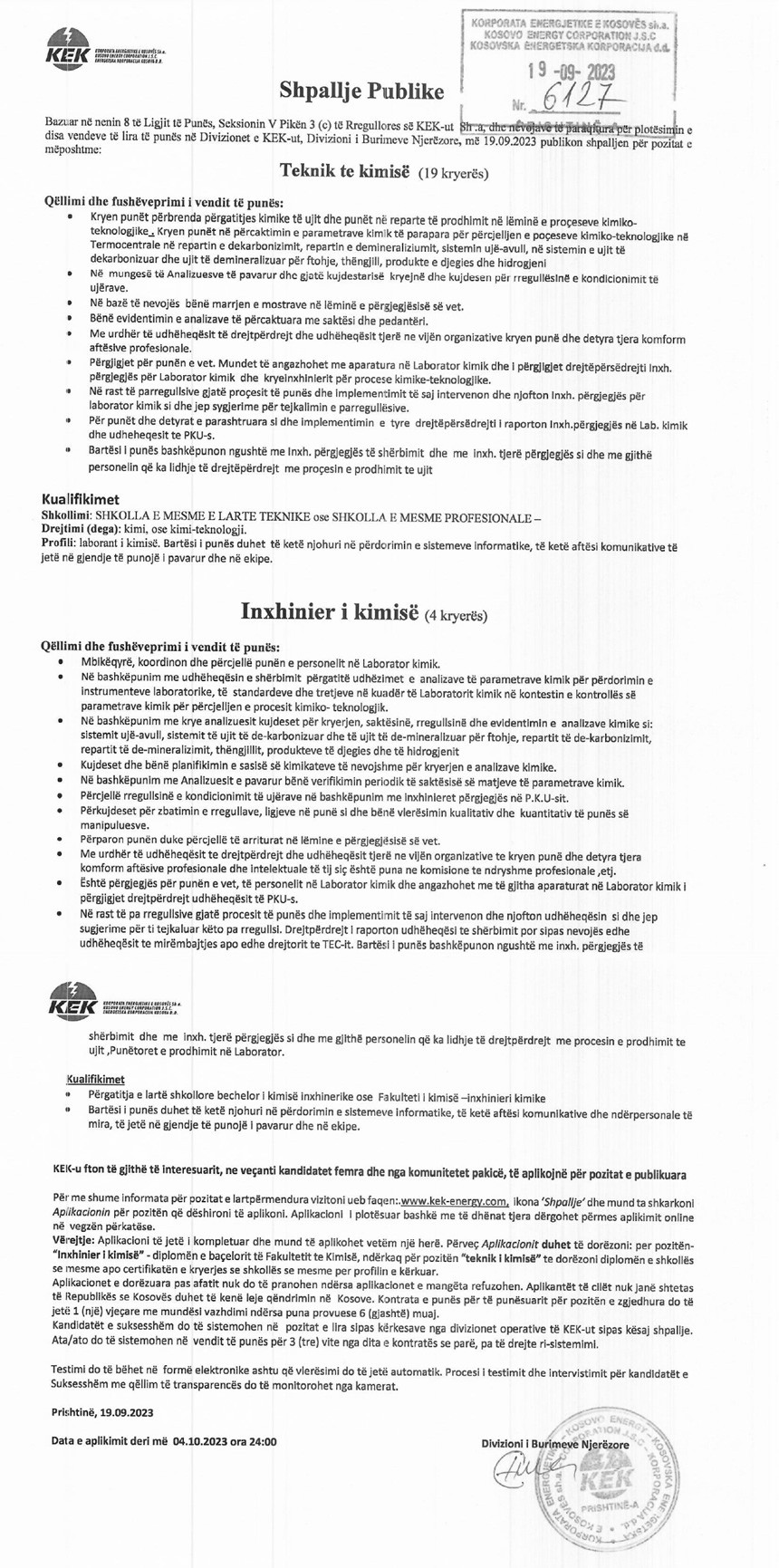Teknik të Kimisë (19), Inxhinier i Kimisë (4)